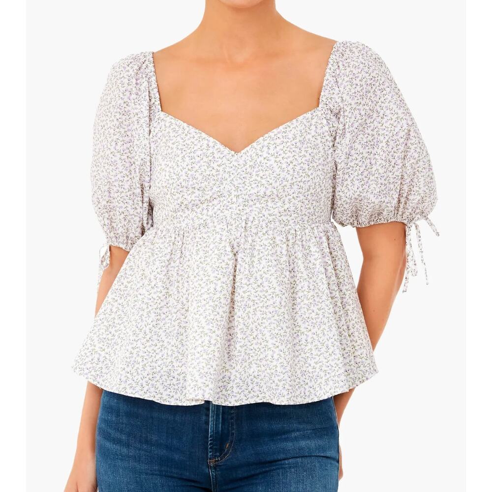 Tuckernuck White Floral Puff-Sleeve Peplum Blouse